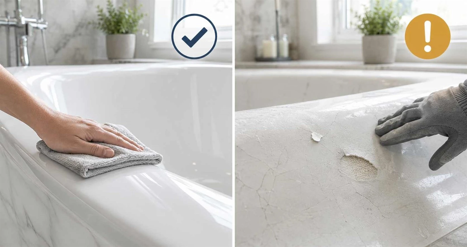 The difference between a cleanable tub surface and damaged fiberglass finish The difference between a cleanable tub surface and damaged fiberglass finish